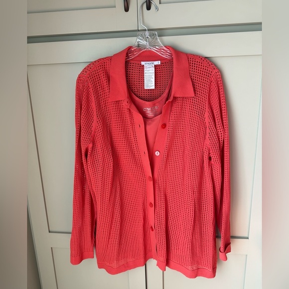 EUC Chico's Open Knit Button-Up Cardi & Tank Top SZ 2 (L/12) Coral/Burnt Orange - Picture 9 of 16